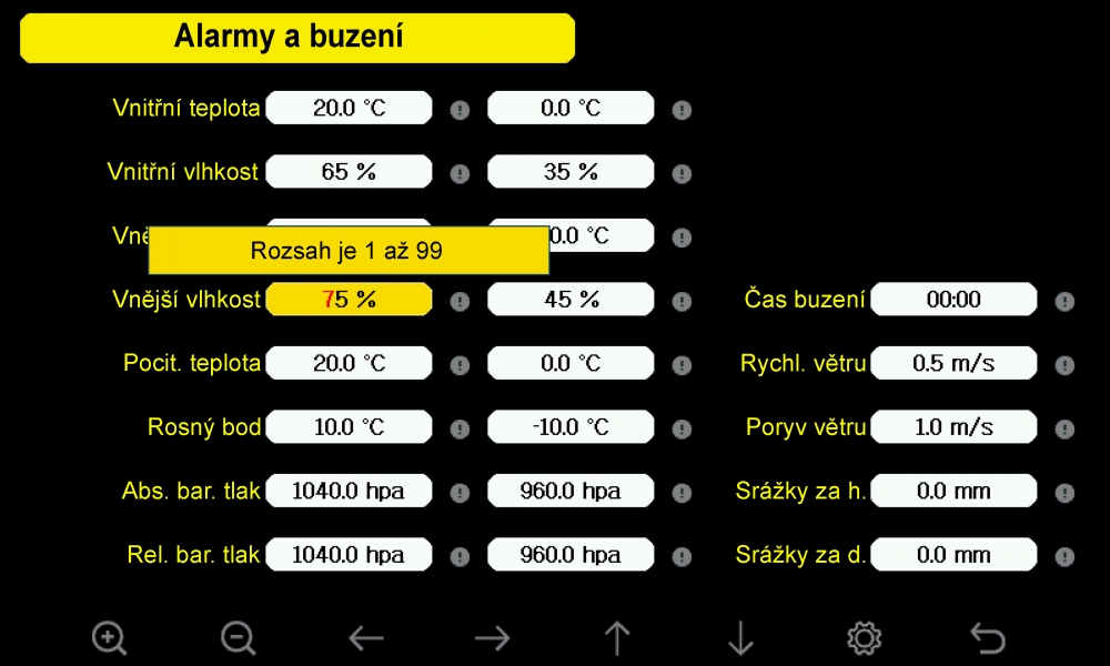 Displej meteostanice GARNI 3055 nastavování alarmů