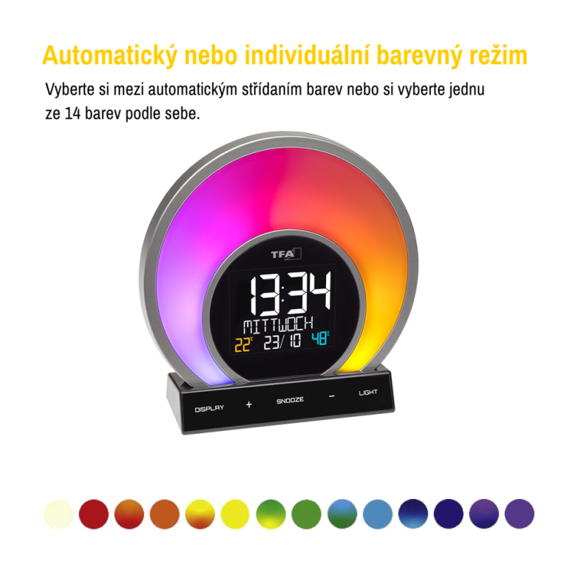 TFA 60.2026.01 - SOLUNA - Digitální budík s barevným podsvícením, teplotou a vlhkostí