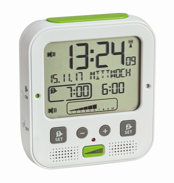 TFA 60.2538.02 - BOOM - Rádiově řízený budík s vibrační jednotkou a extra hlasitým zvoněním