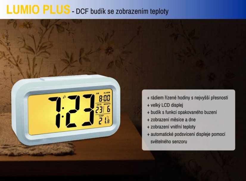TFA 60.2553.02 - LUMIO PLUS - Rádiem řízený digitální budík s možností podsvícení - barva bílá