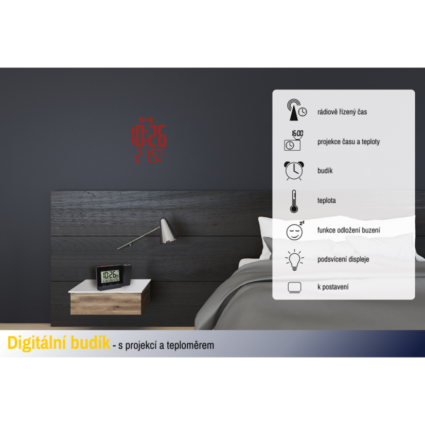 TFA 60.5016.01 - Rádiem řízený digitální budík s projekcí, zobrazením vnitřní teploty a podsvětleným displejem