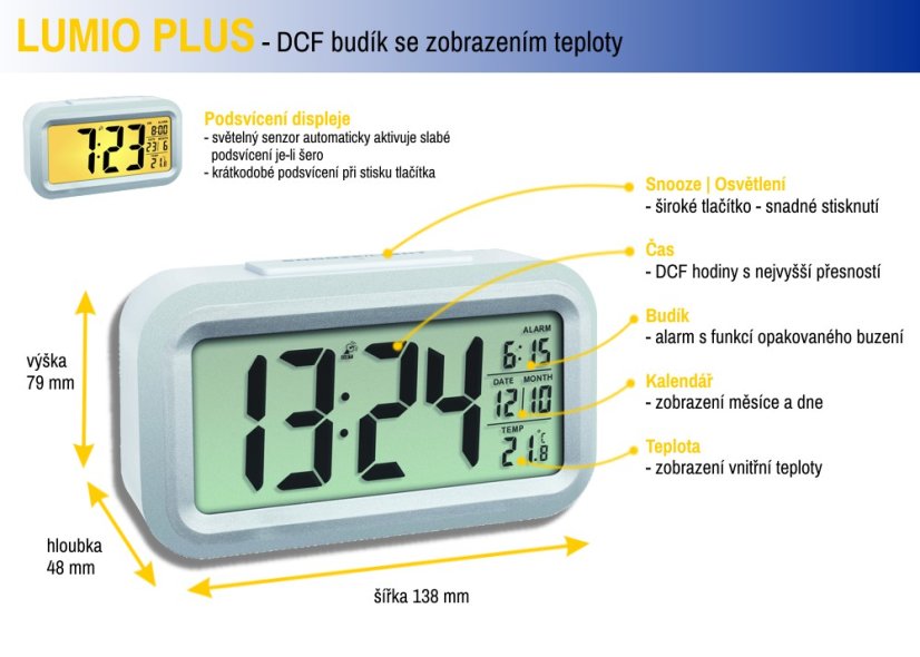 TFA 60.2553.02 - LUMIO PLUS - Rádiem řízený digitální budík s možností podsvícení - barva bílá