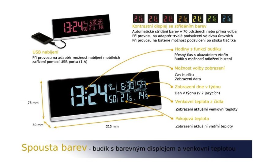 TFA 60.2548.01 - Rádiově řízený budík s barevným displejem a USB výstupem
