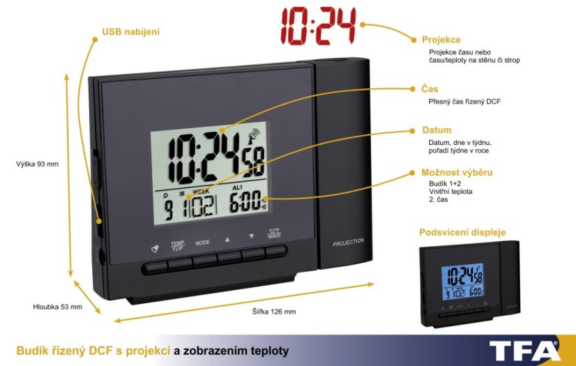 TFA 60.5013.01 - Digitální budík s rádiově řízeným časem a projekcí - černý