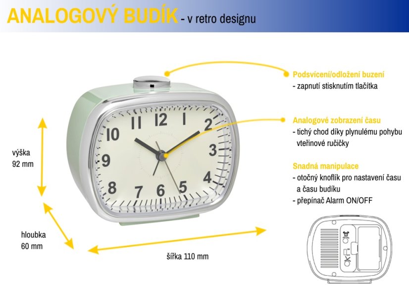 TFA 60.1032.04 - elektronický analogový budík - barva mátová