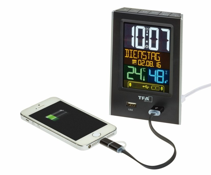 TFA 60.2537.01 - Budík s ukazatelem vnitřní teploty a vlhkosti a USB výstupem pro dobíjení mobilních zařízení