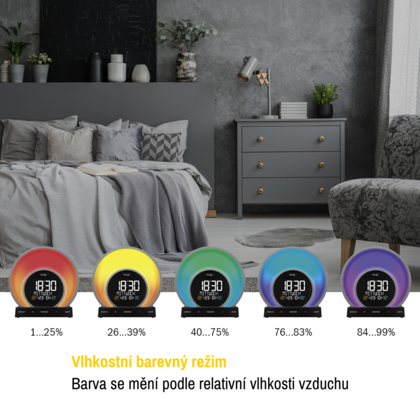 TFA 60.2026.01 - SOLUNA - Digitální budík s barevným podsvícením, teplotou a vlhkostí