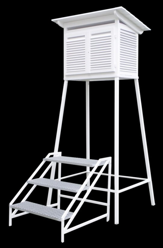 Velká Stevensonova meteorologická budka s kovovým stojanem a schody