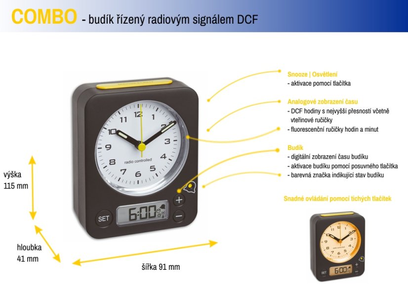 TFA 60.1511.02.04 - COMBO - Analogový budík s rádiově řízeným časem