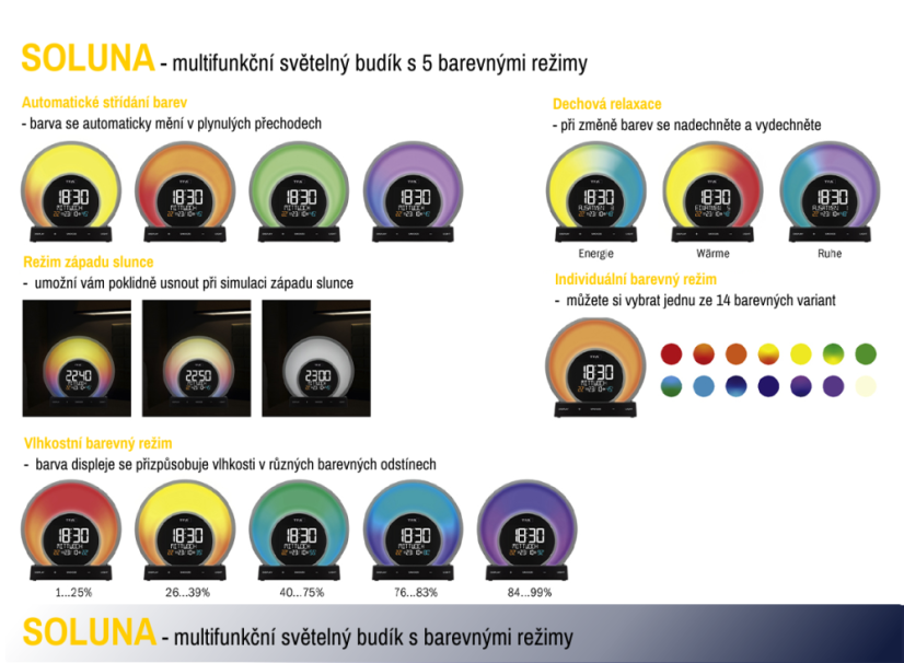 TFA 60.2026.01 - SOLUNA - Digitální budík s barevným podsvícením, teplotou a vlhkostí