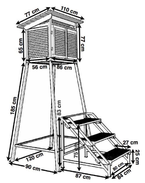 Velká Stevensonova meteorologická budka s kovovým stojanem a schody