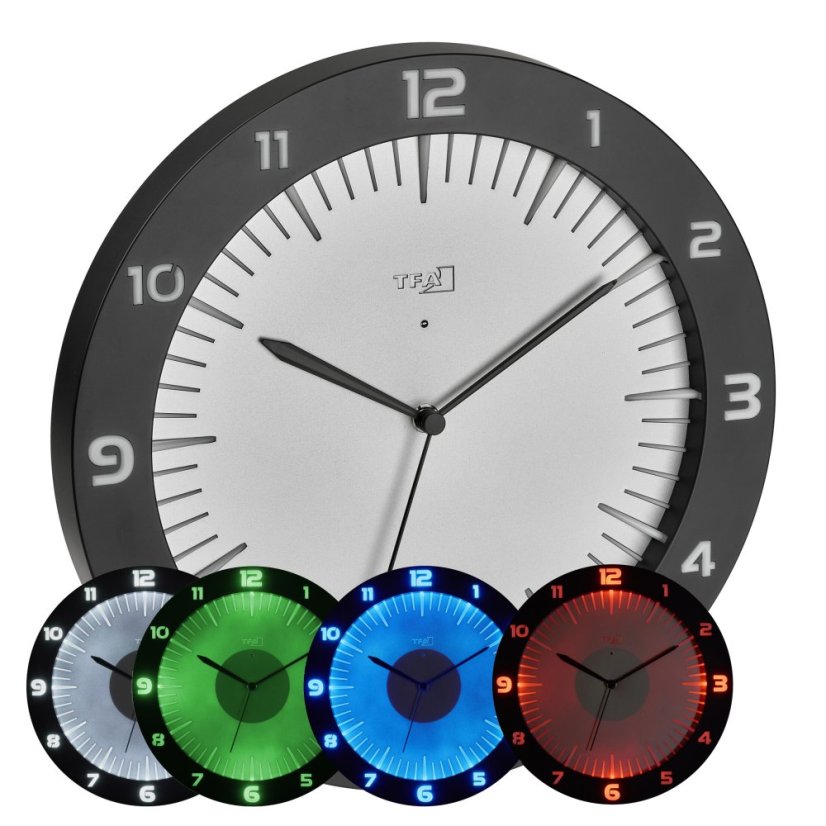 TFA 60.3553.10 - rádiem řízené nástěnné hodiny s barevným osvětlením LUMOCLOCK