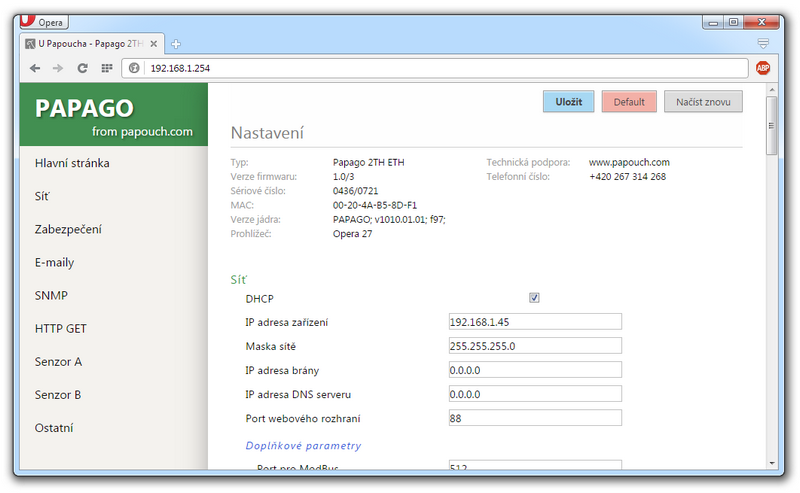 Papago 2TH ETH: 2x měření teploty, vlhkosti a rosného bodu s Ethernetem