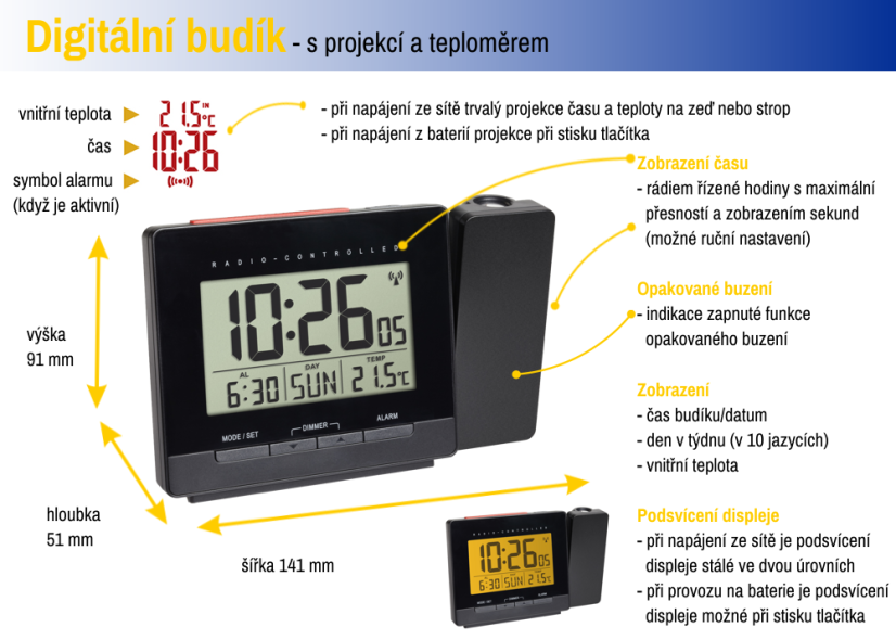 TFA 60.5016.01 - Rádiem řízený digitální budík s projekcí, zobrazením vnitřní teploty a podsvětleným displejem
