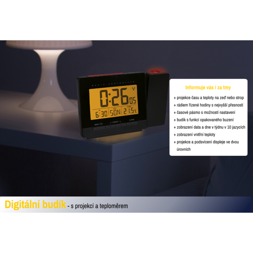 TFA 60.5016.01 - Rádiem řízený digitální budík s projekcí, zobrazením vnitřní teploty a podsvětleným displejem