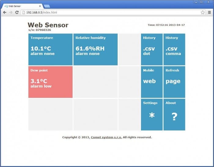 Comet T3510 - Web Sensor - snímač teploty a vlhkosti s výstupem Ethernet + kalibrační list