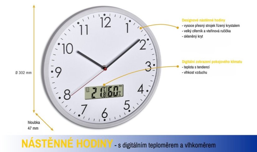 TFA 60.3048.02 - Analogové nástěnné hodiny s digitálním teploměrem a vlhkoměrem a tichým chodem