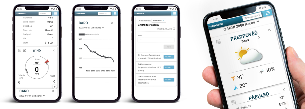 WiFi meteostanice s předpovědí počasí GARNI 2060 Arcus -  mobilní telefony, na jejich obrazovkách jsou náhledy aplikace GARNI Technology
