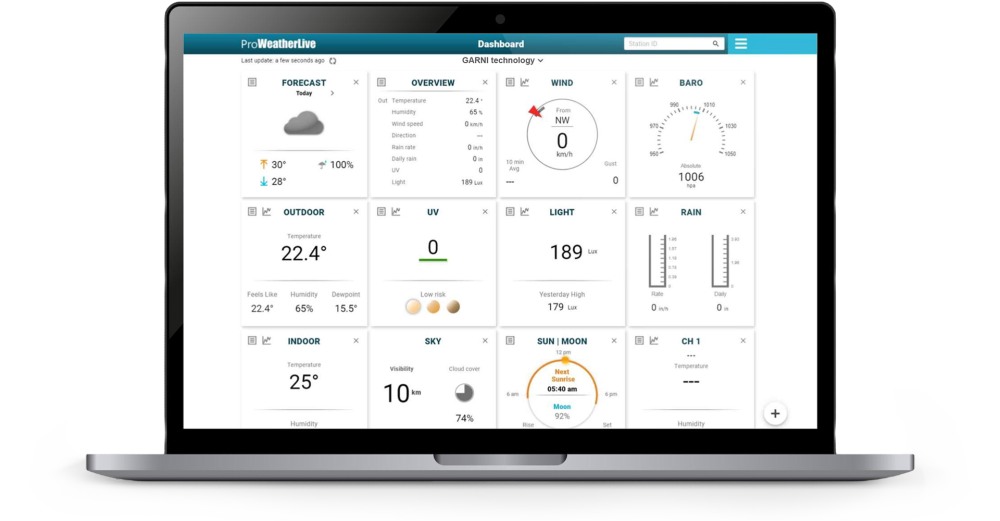 WiFi meteostanice s předpovědí počasí GARNI 2060 Arcus - notebook, který má na displeji otevřenou stránku ProWeatherLive.net