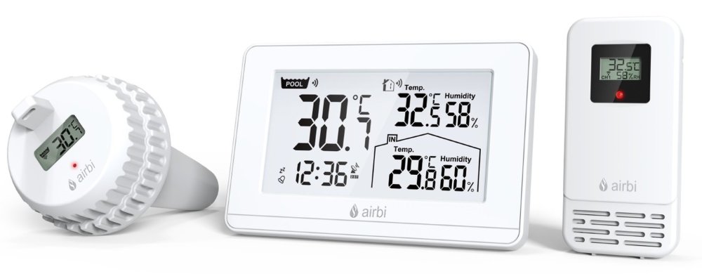 Airbi POOL obsahuje bazénové čidlo, základnu a venkovní čidlo