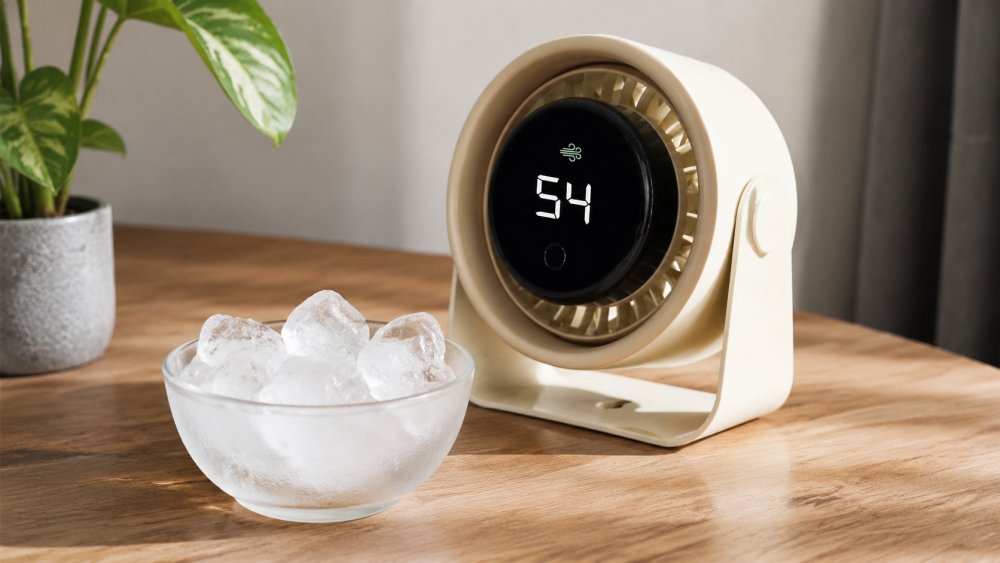 Ventilátor a miska s ledem ochlazují vzduch