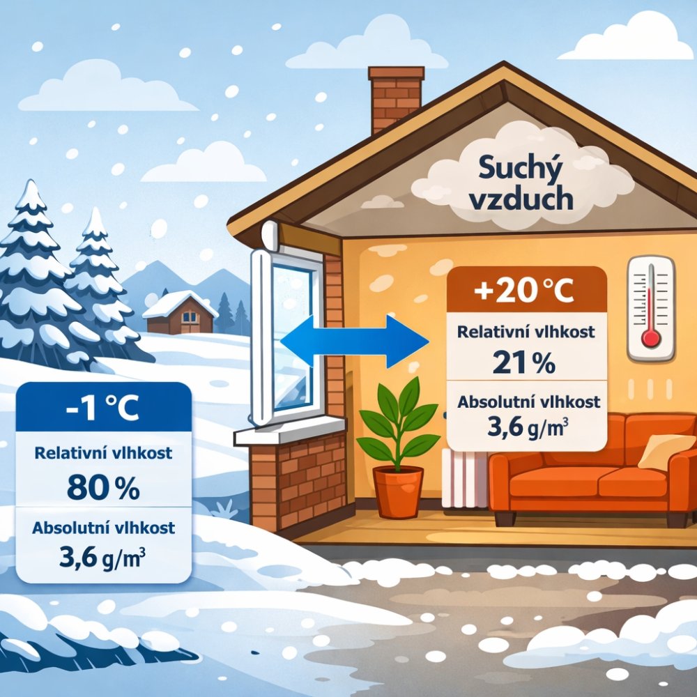 Grafika vysvětlující rozdíl relativní a absolutní vlhkosti vzduchu